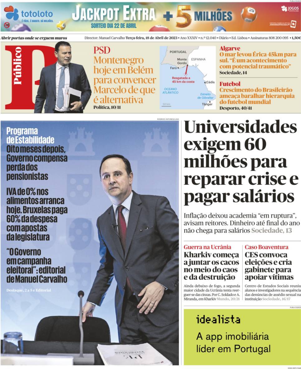 P&uacute;blico: Capa da Edi&ccedil;&atilde;o de ter&ccedil;a-feira, 18 de abril 2023