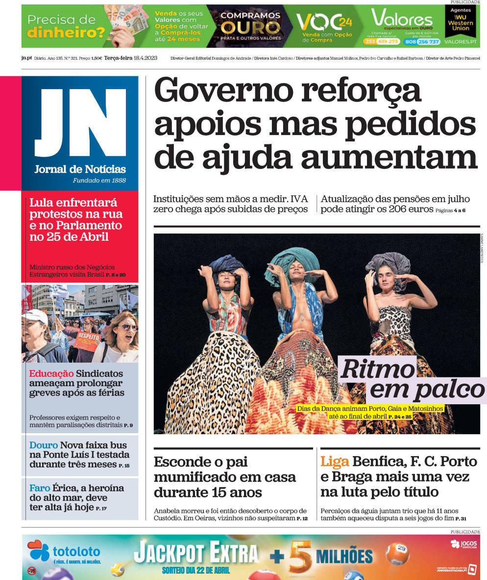 Jornal de Not&iacute;cias: Capa da Edi&ccedil;&atilde;o de ter&ccedil;a-feira, 18 de abril 2023