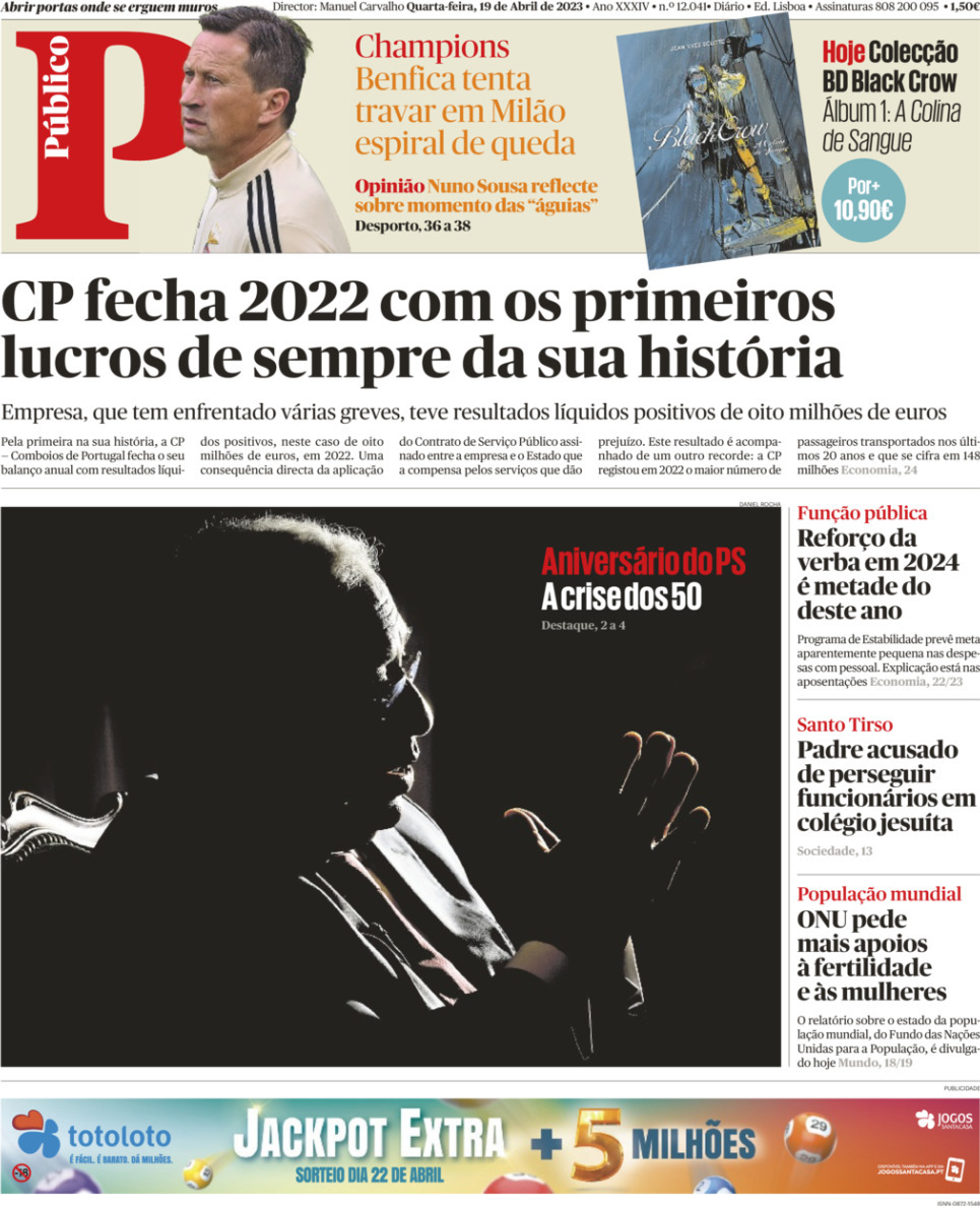P&uacute;blico: Capa da Edi&ccedil;&atilde;o de quarta-feira, 19 de abril 2023