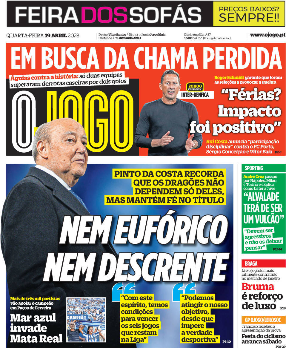 O Jogo: Capa da Edi&ccedil;&atilde;o de quarta-feira, 19 de abril 2023