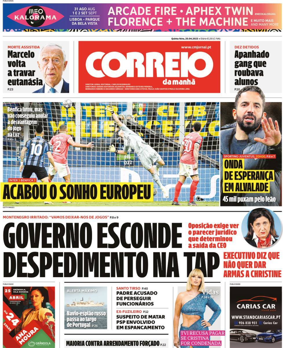 Correio da Manh&atilde;: Capa da Edi&ccedil;&atilde;o de quinta-feira, 20 de abril 2023