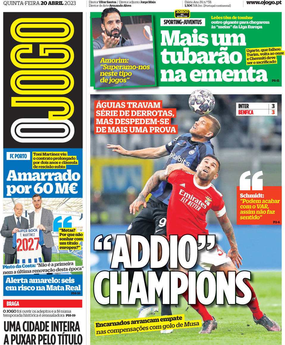 O Jogo: Capa da Edi&ccedil;&atilde;o de quinta-feira, 20 de abril 2023