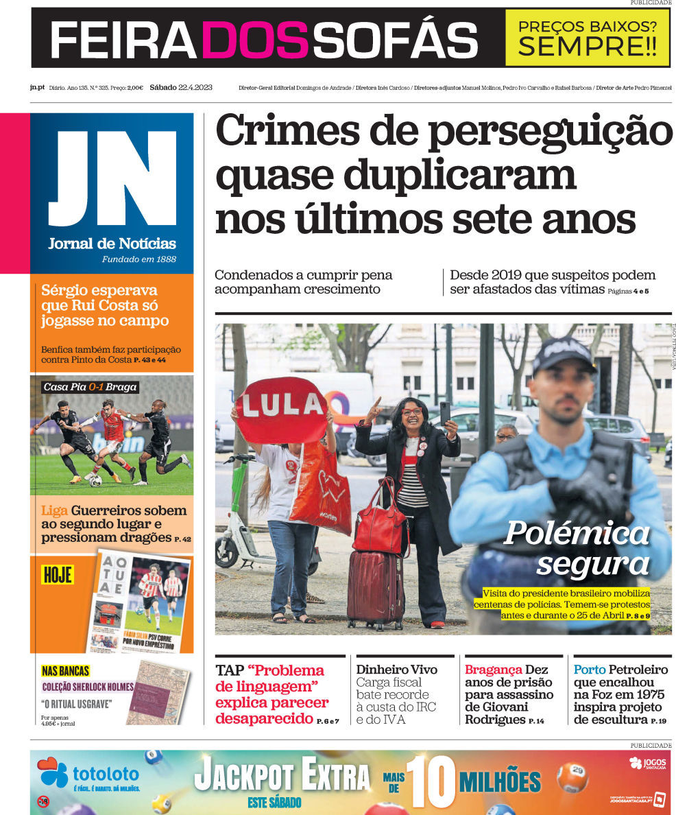 Jornal de Not&iacute;cias: Capa da Edi&ccedil;&atilde;o de s&aacute;bado, 22 de abril 2023