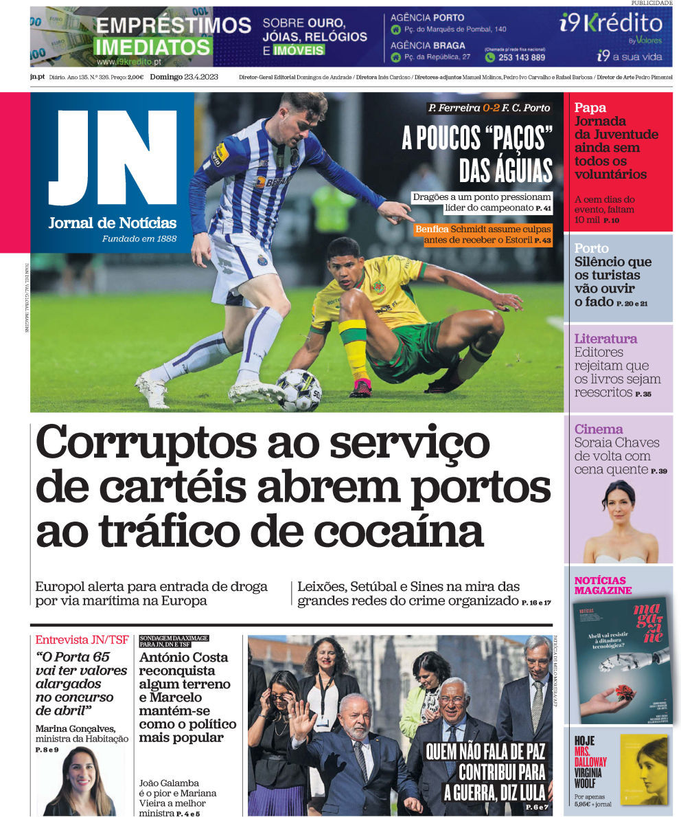 Jornal de Not&iacute;cias: Capa da Edi&ccedil;&atilde;o de domingo, 23 de abril 2023