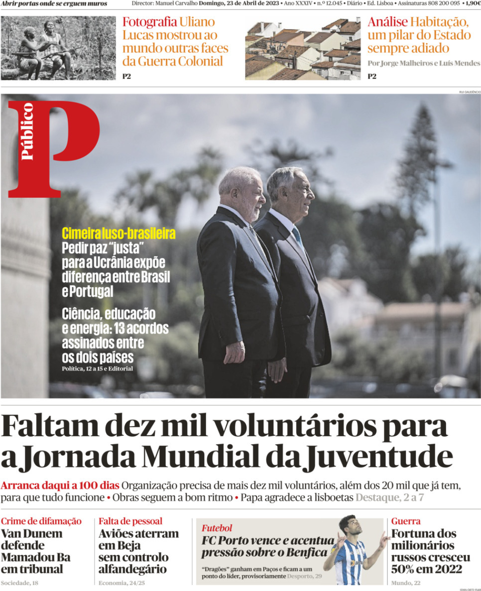 P&uacute;blico: Capa da Edi&ccedil;&atilde;o de domingo, 23 de abril 2023