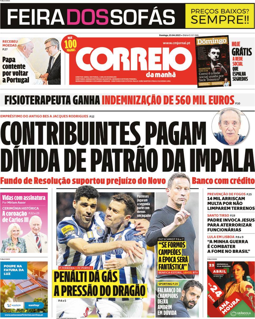 Correio da Manh&atilde;: Capa da Edi&ccedil;&atilde;o de domingo, 23 de abril 2023