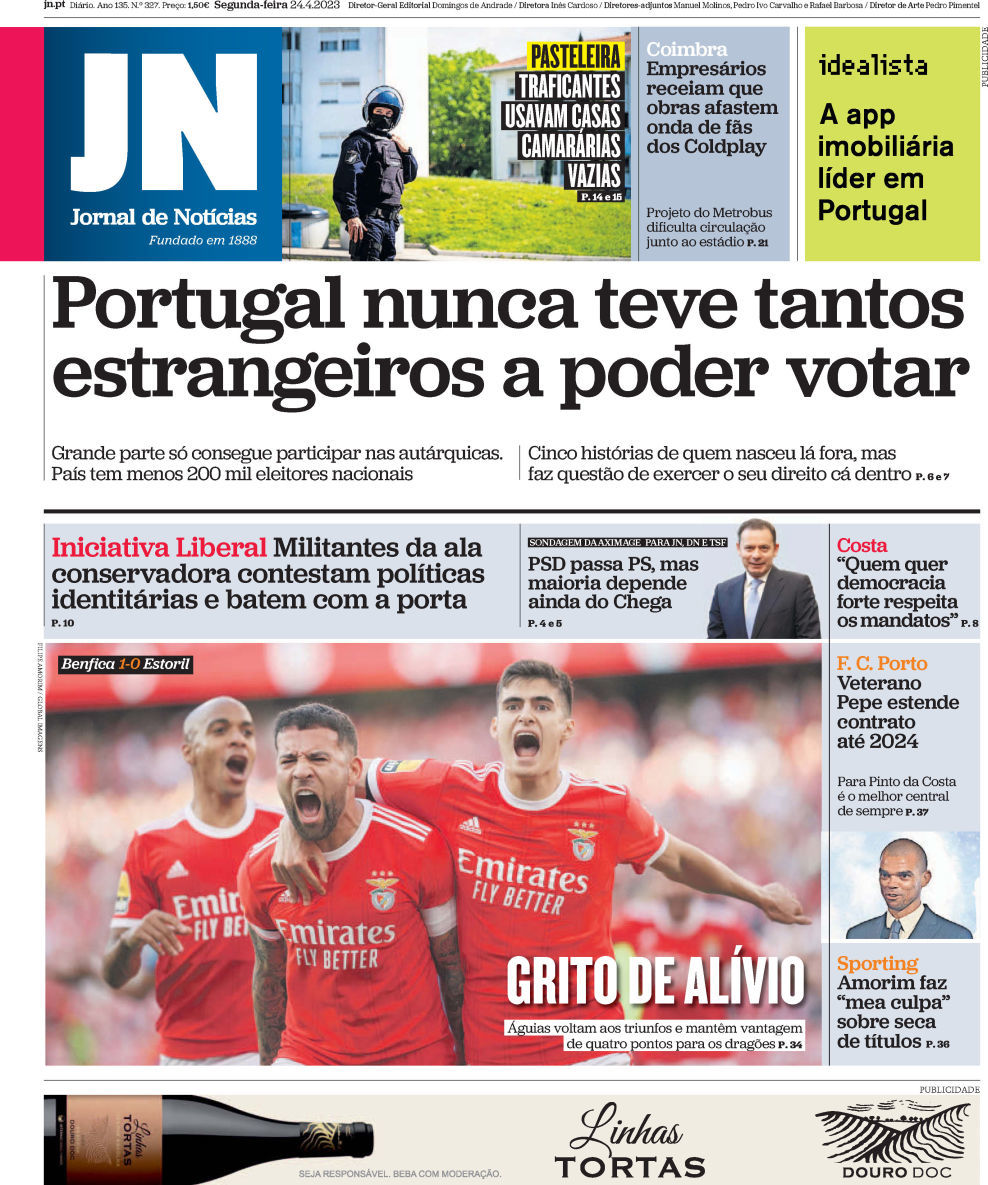 Jornal de Not&iacute;cias: Capa da Edi&ccedil;&atilde;o de segunda-feira, 24 de abril 2023