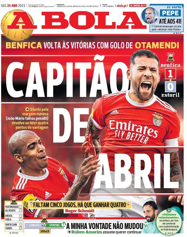 A Bola: Capa da Edi&ccedil;&atilde;o de segunda-feira, 24 de abril 2023