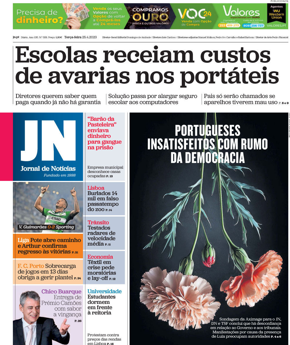 Jornal de Not&iacute;cias: Capa da Edi&ccedil;&atilde;o de ter&ccedil;a-feira, 25 de abril 2023