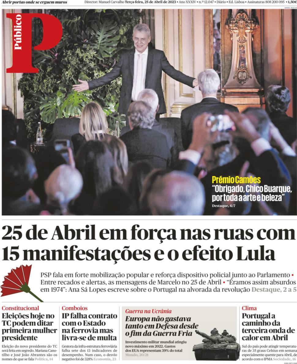 P&uacute;blico: Capa da Edi&ccedil;&atilde;o de ter&ccedil;a-feira, 25 de abril 2023