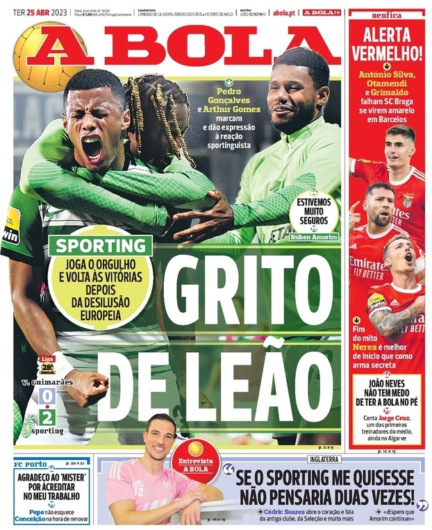 A Bola: Capa da Edi&ccedil;&atilde;o de ter&ccedil;a-feira, 25 de abril 2023