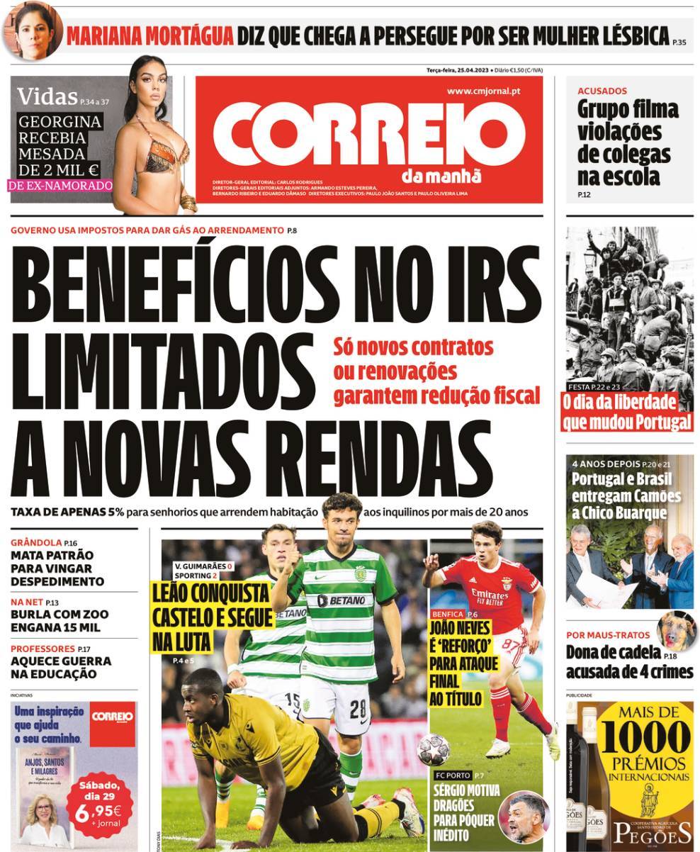 Correio da Manh&atilde;: Capa da Edi&ccedil;&atilde;o de ter&ccedil;a-feira, 25 de abril 2023