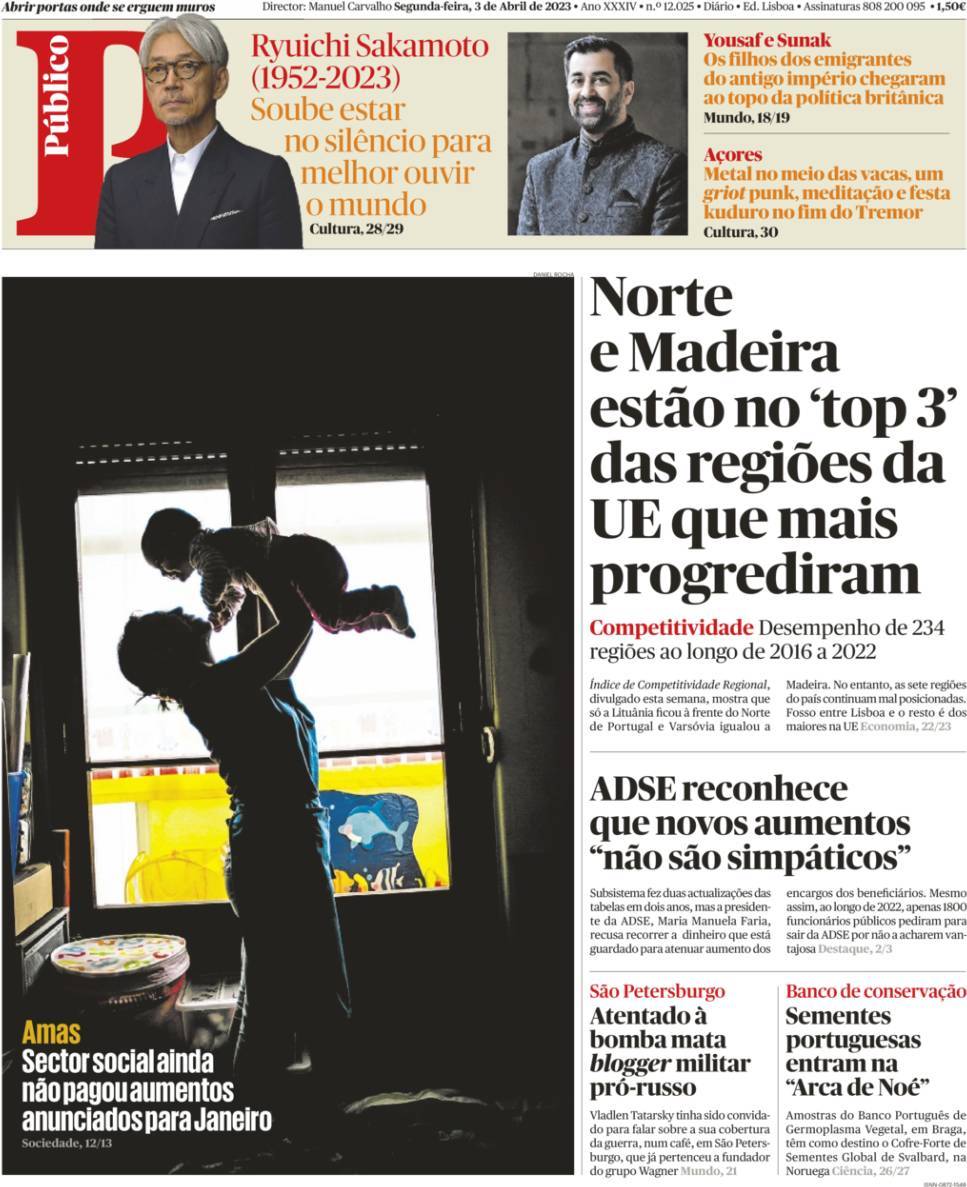 P&uacute;blico: Capa da Edi&ccedil;&atilde;o de segunda-feira, 03 de abril 2023