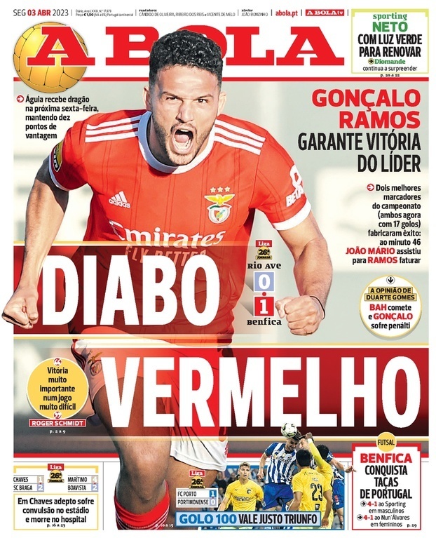 A Bola: Capa da Edi&ccedil;&atilde;o de segunda-feira, 03 de abril 2023