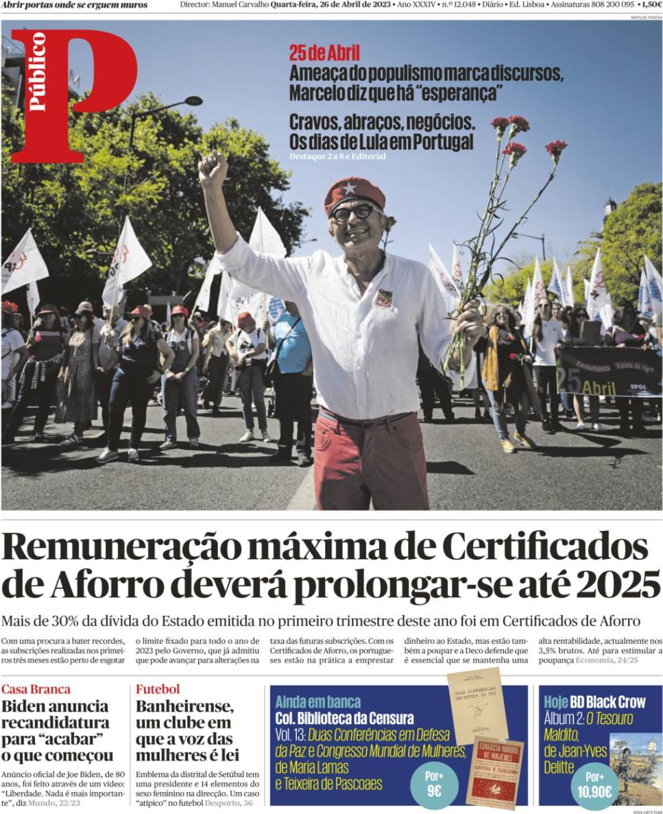P&uacute;blico: Capa da Edi&ccedil;&atilde;o de quarta-feira, 26 de abril 2023