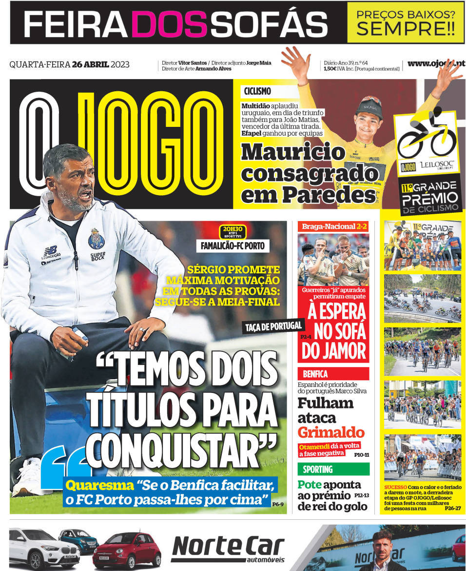 O Jogo: Capa da Edi&ccedil;&atilde;o de quarta-feira, 26 de abril 2023