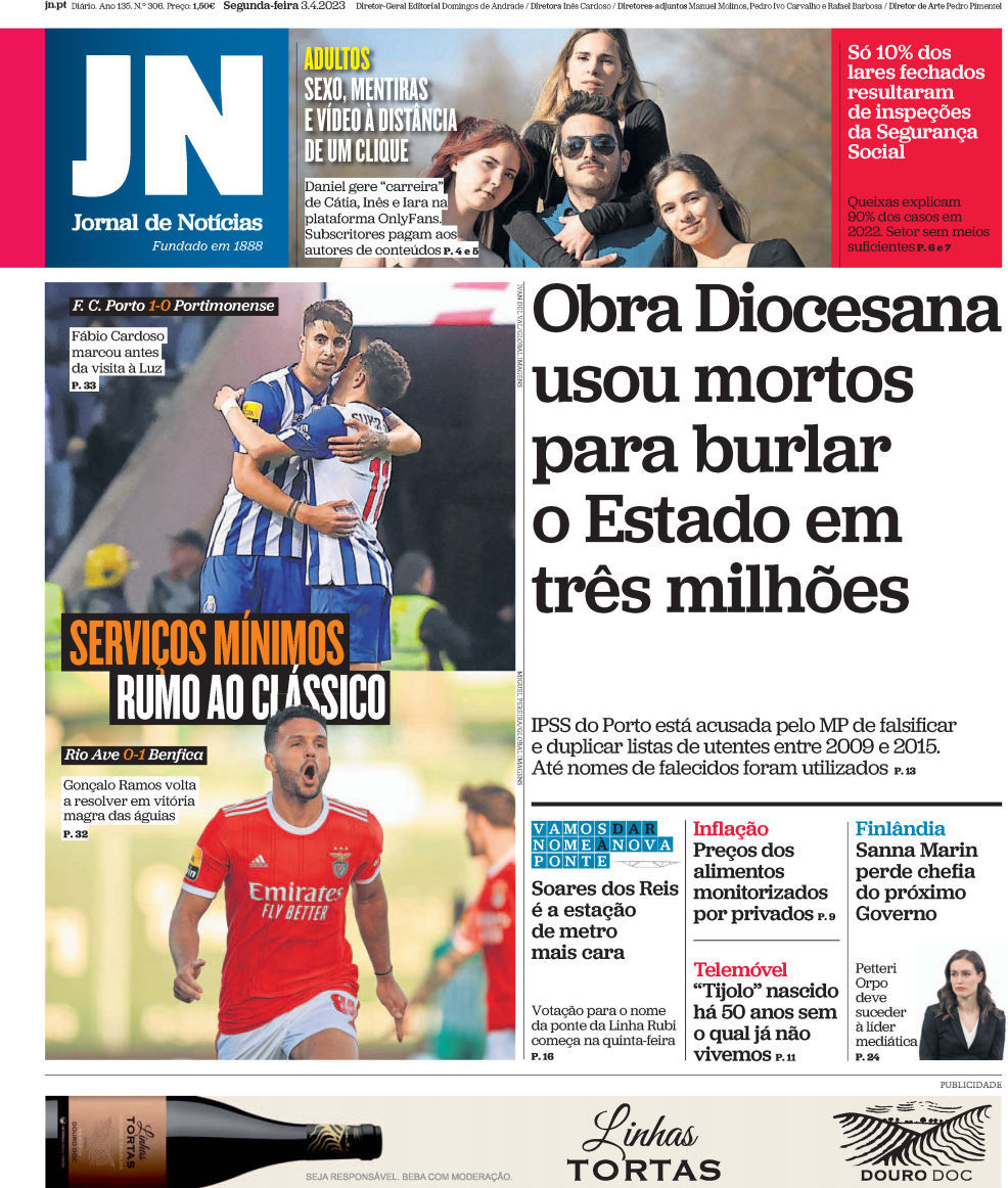 Jornal de Not&iacute;cias: Capa da Edi&ccedil;&atilde;o de segunda-feira, 03 de abril 2023