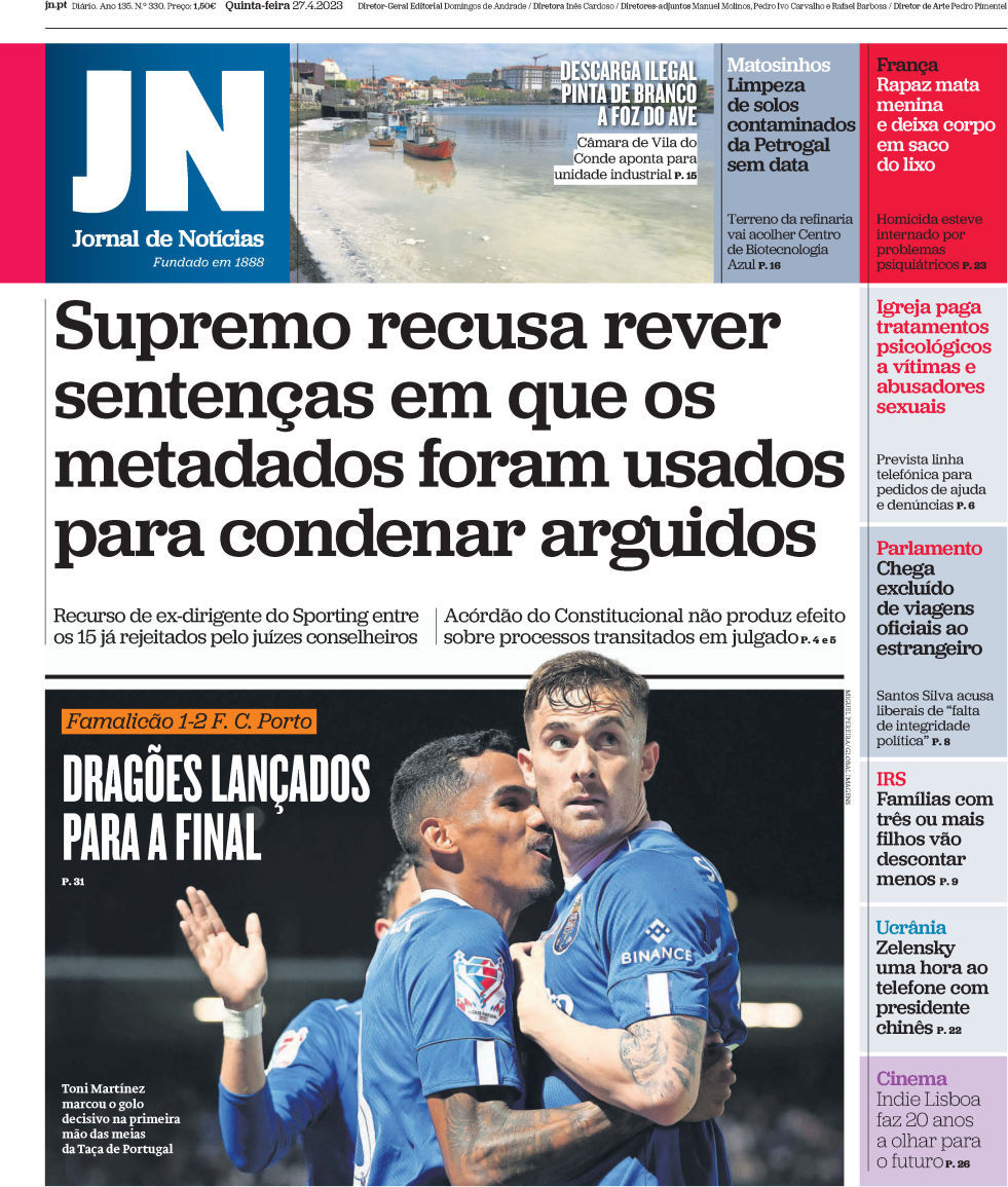 Jornal de Not&iacute;cias: Capa da Edi&ccedil;&atilde;o de quinta-feira, 27 de abril 2023