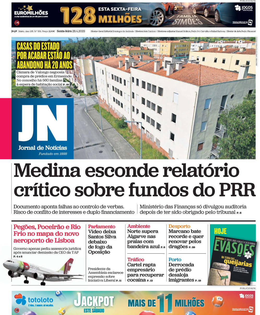 Jornal de Not&iacute;cias: Capa da Edi&ccedil;&atilde;o de sexta-feira, 28 de abril 2023