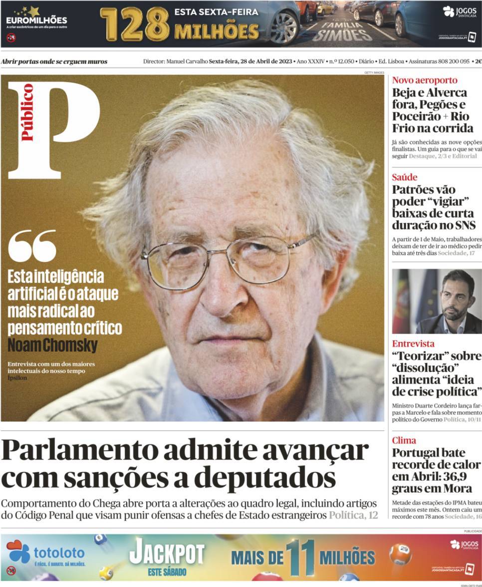 P&uacute;blico: Capa da Edi&ccedil;&atilde;o de sexta-feira, 28 de abril 2023