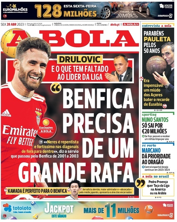 A Bola: Capa da Edi&ccedil;&atilde;o de sexta-feira, 28 de abril 2023