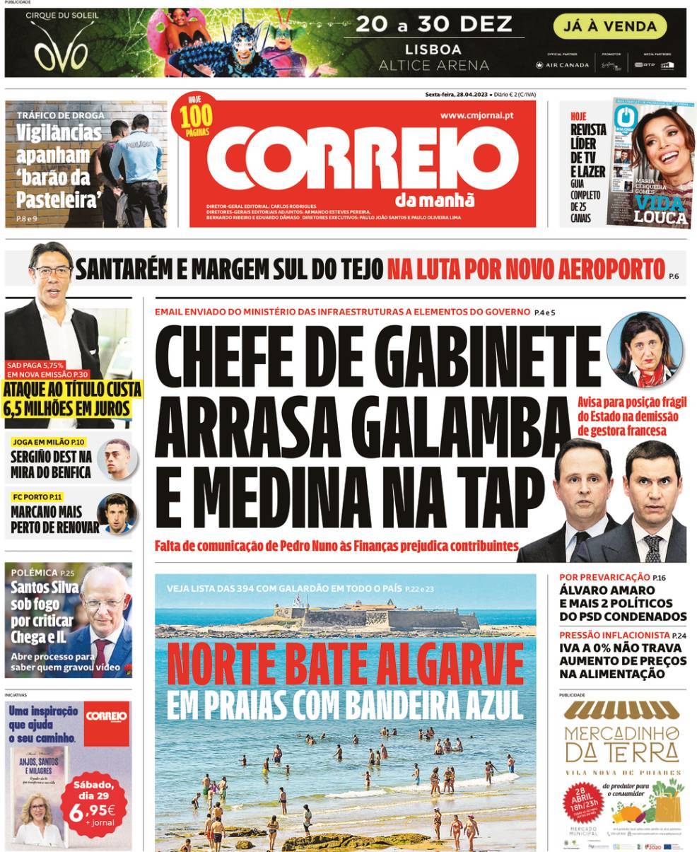 Correio da Manh&atilde;: Capa da Edi&ccedil;&atilde;o de sexta-feira, 28 de abril 2023