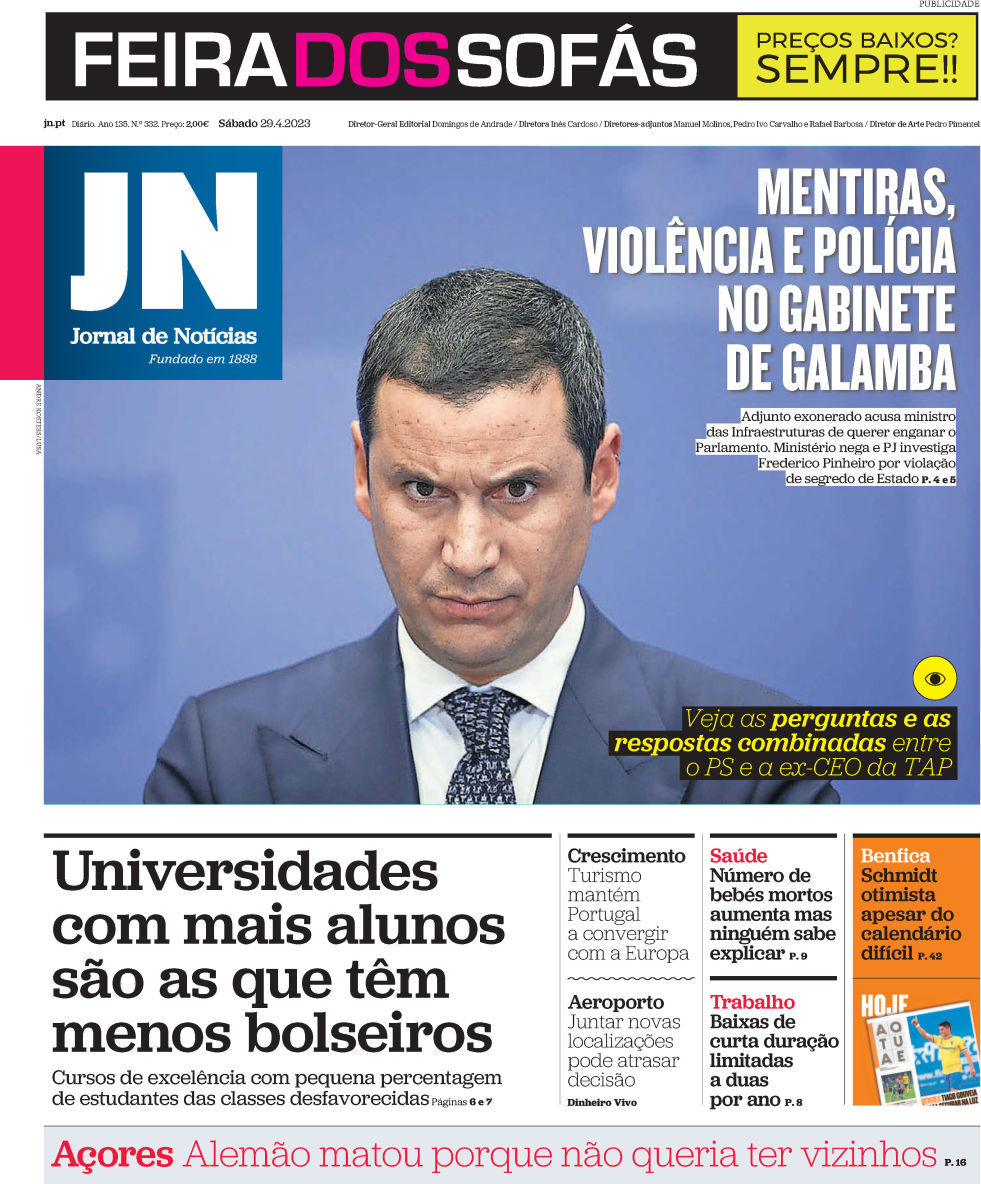 Jornal de Not&iacute;cias: Capa da Edi&ccedil;&atilde;o de s&aacute;bado, 29 de abril 2023