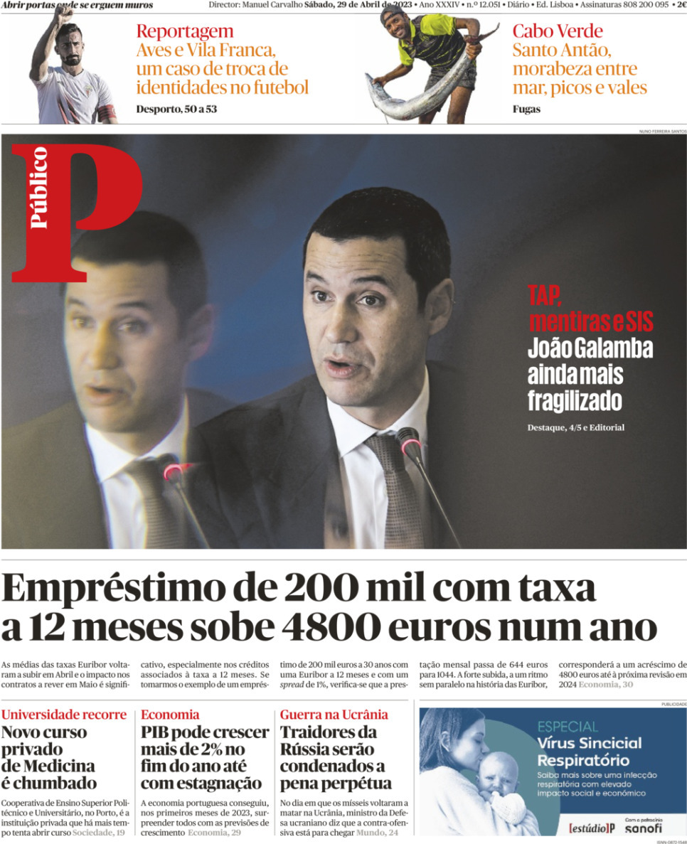 P&uacute;blico: Capa da Edi&ccedil;&atilde;o de s&aacute;bado, 29 de abril 2023