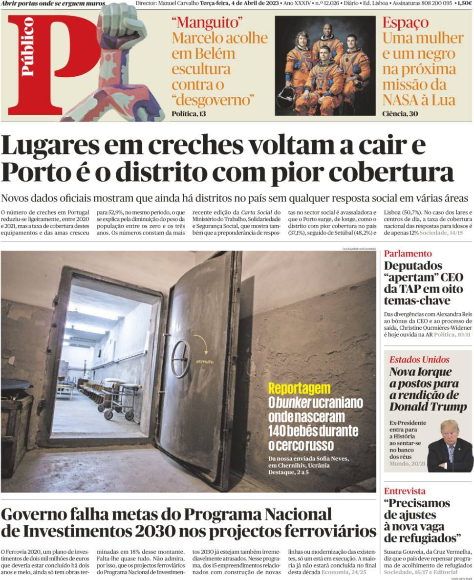 P&uacute;blico: Capa da Edi&ccedil;&atilde;o de ter&ccedil;a-feira, 04 de abril 2023