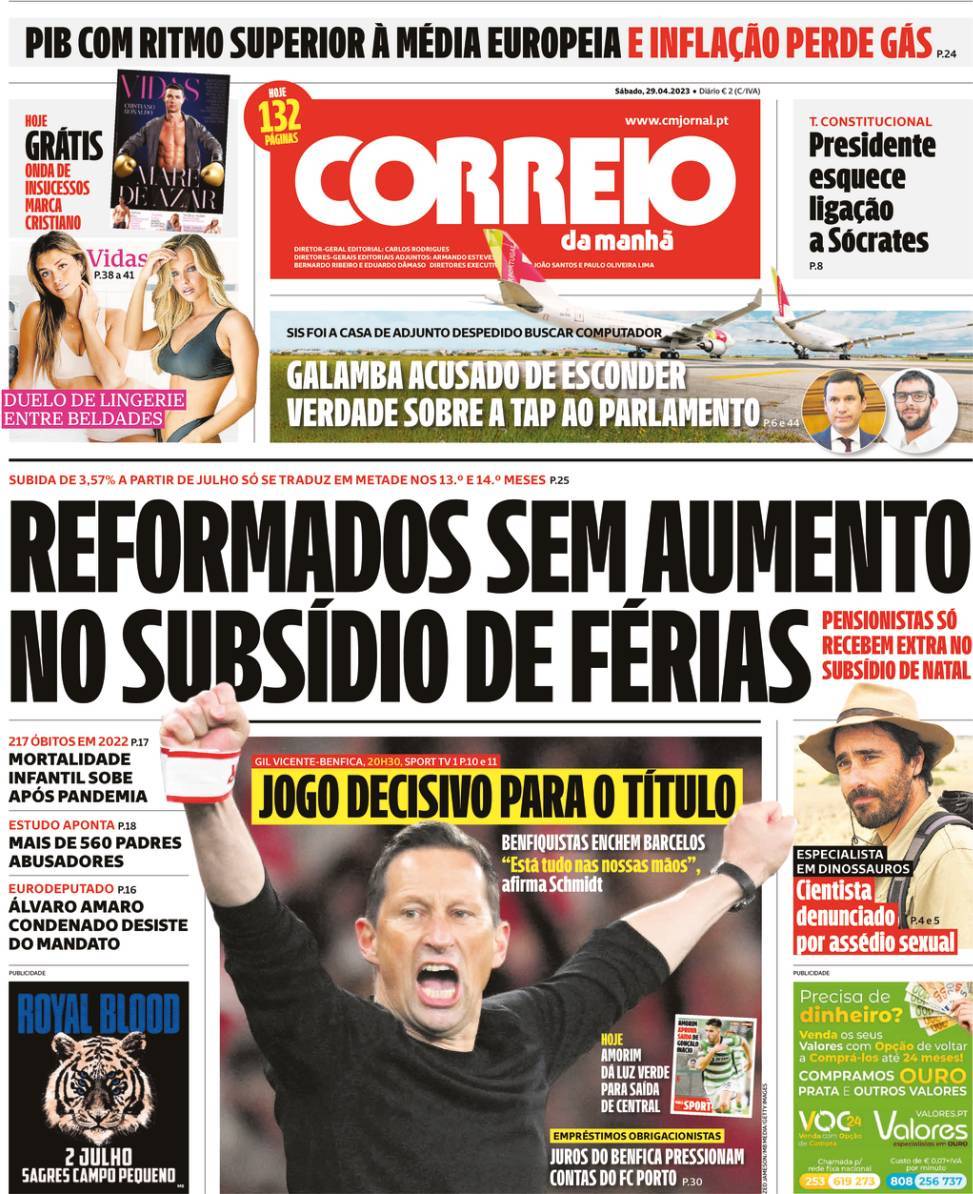 Correio da Manh&atilde;: Capa da Edi&ccedil;&atilde;o de s&aacute;bado, 29 de abril 2023