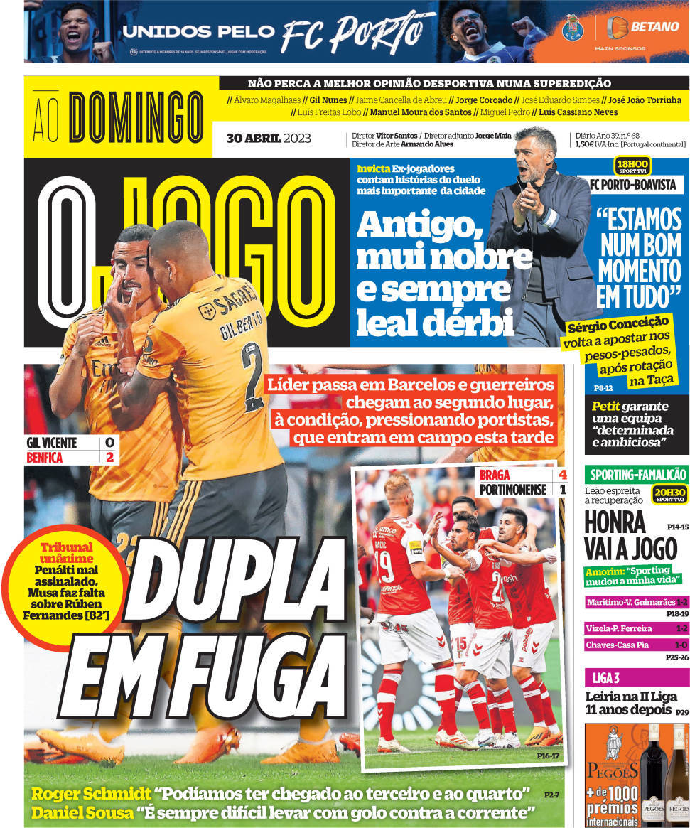 O Jogo: Capa da Edi&ccedil;&atilde;o de domingo, 30 de abril 2023