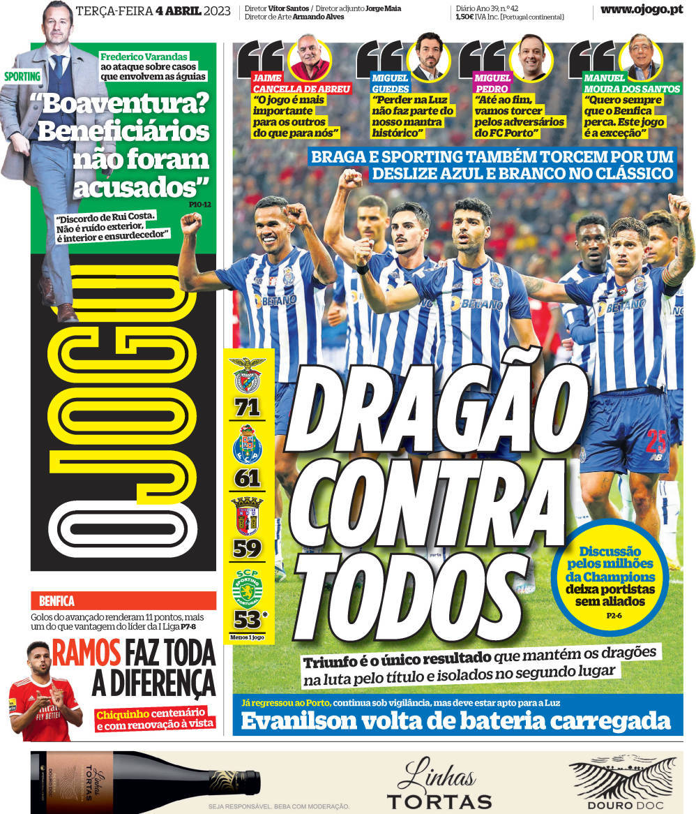 O Jogo: Capa da Edi&ccedil;&atilde;o de ter&ccedil;a-feira, 04 de abril 2023