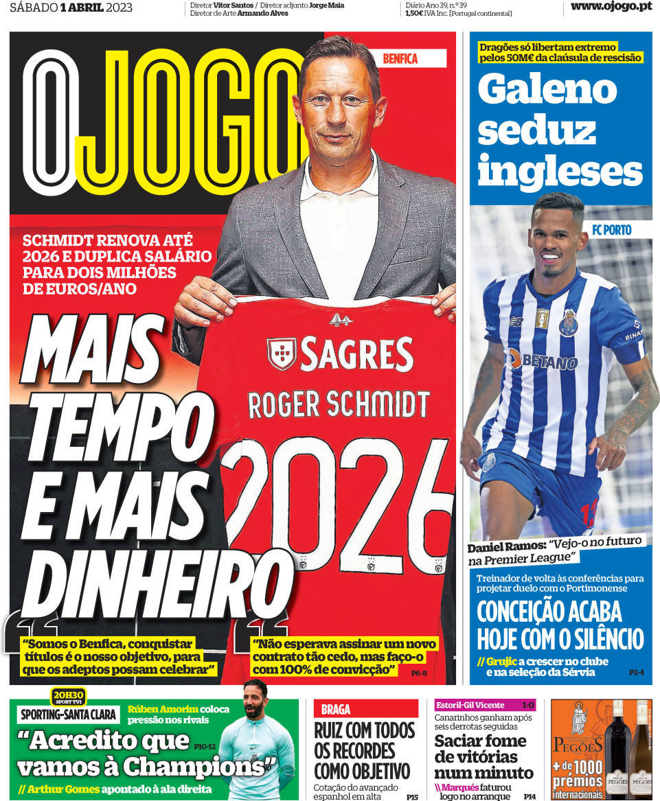 O Jogo: Capa da Edi&ccedil;&atilde;o de s&aacute;bado, 01 de abril 2023