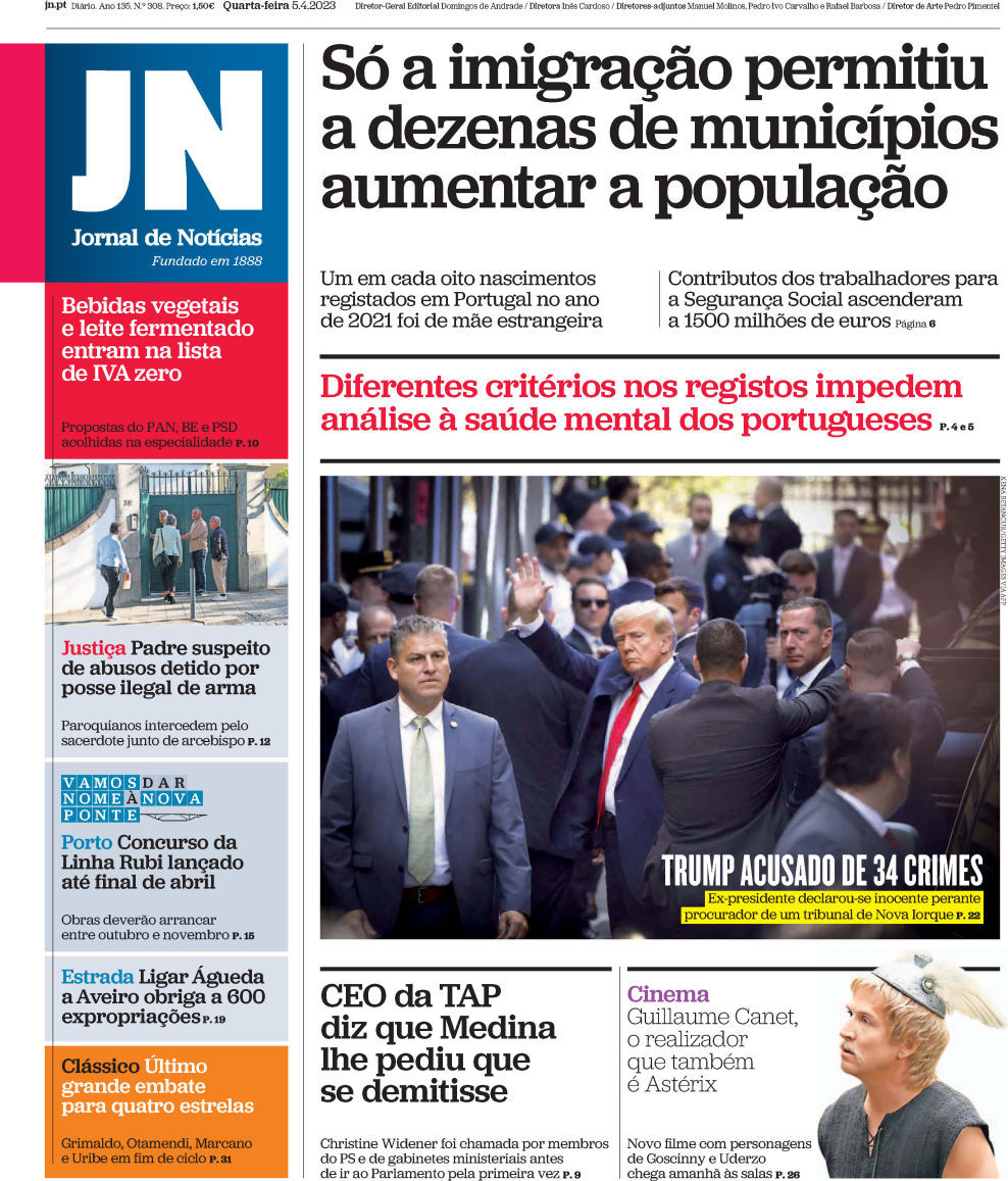 Jornal de Not&iacute;cias: Capa da Edi&ccedil;&atilde;o de quarta-feira, 05 de abril 2023