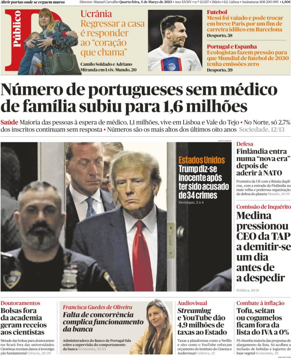 P&uacute;blico: Capa da Edi&ccedil;&atilde;o de quarta-feira, 05 de abril 2023