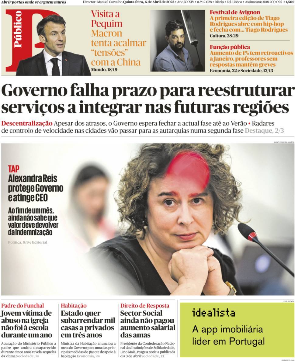 P&uacute;blico: Capa da Edi&ccedil;&atilde;o de quinta-feira, 06 de abril 2023