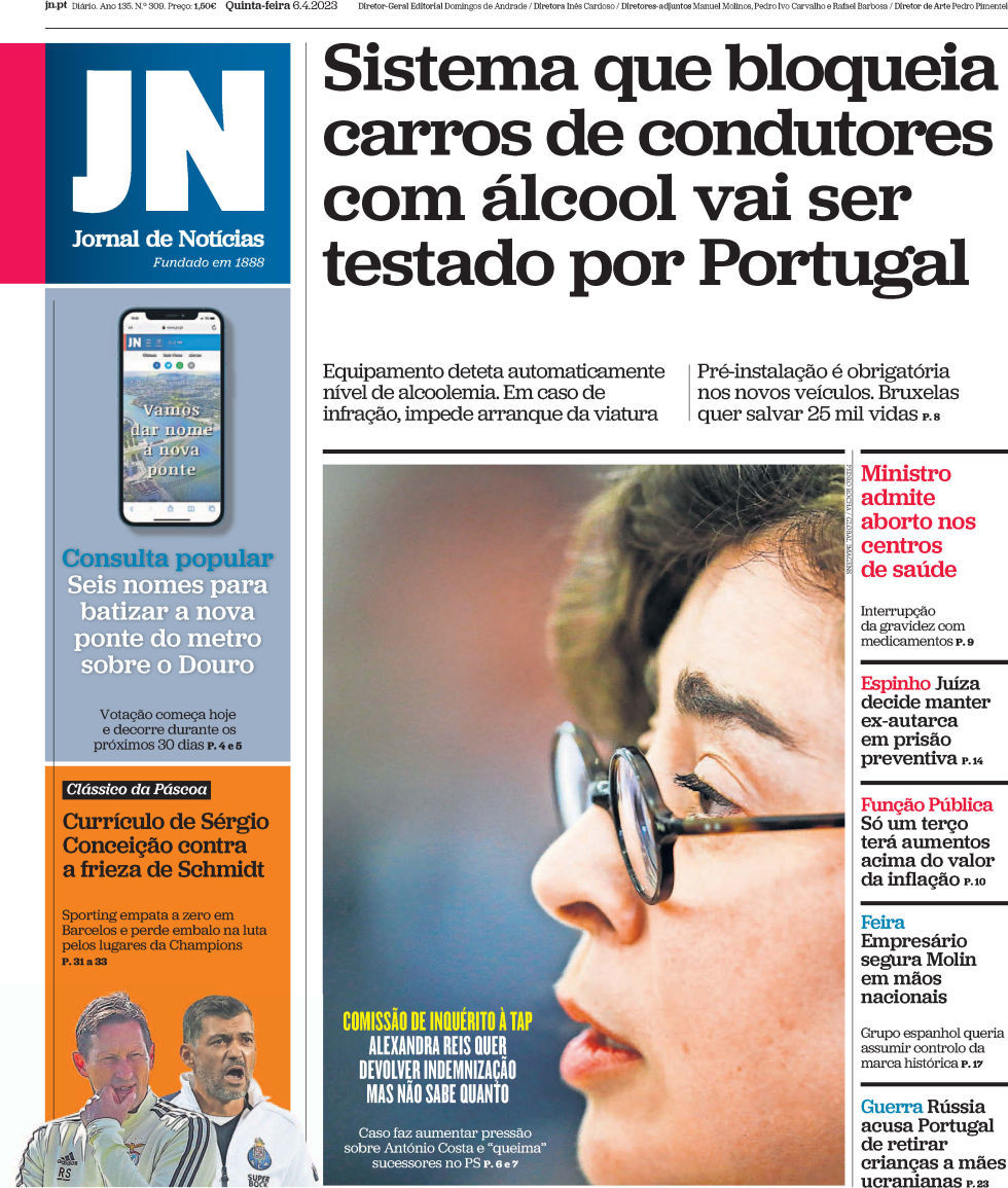 Jornal de Not&iacute;cias: Capa da Edi&ccedil;&atilde;o de quinta-feira, 06 de abril 2023