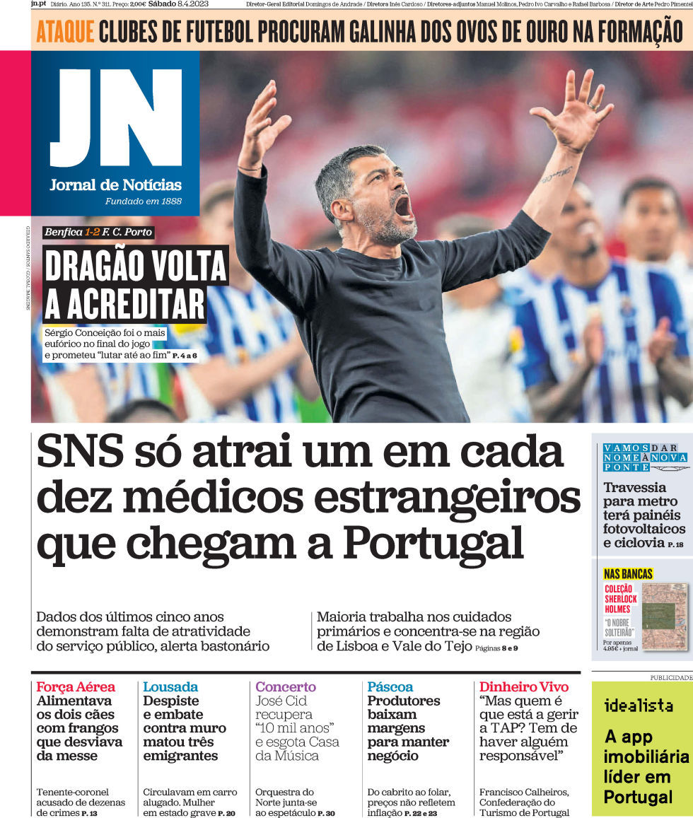 Jornal de Not&iacute;cias: Capa da Edi&ccedil;&atilde;o de s&aacute;bado, 08 de abril 2023
