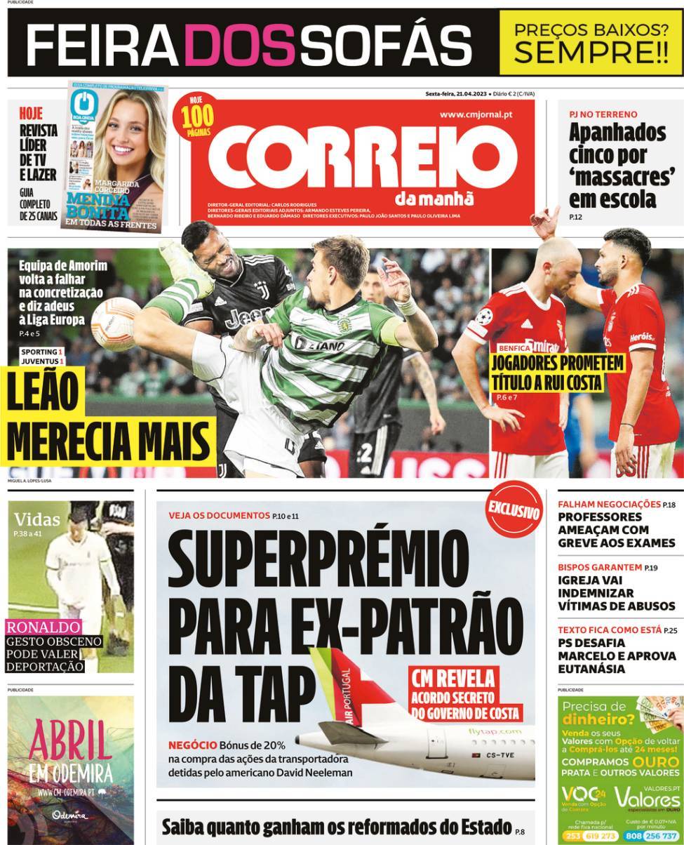 Correio da Manh&atilde;: Capa da Edi&ccedil;&atilde;o de sexta-feira, 21 de abril 2023