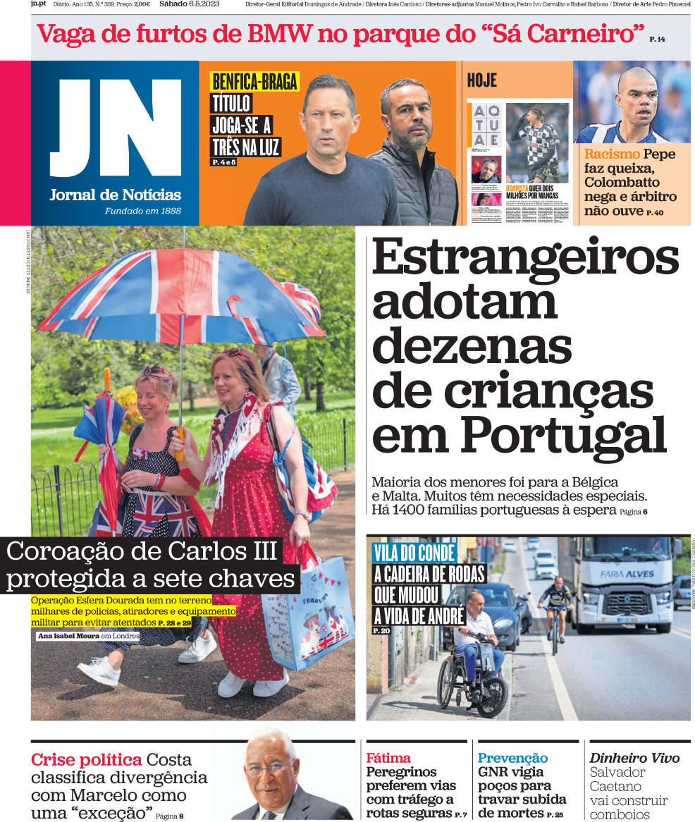 Jornal de Not&iacute;cias: Capa da Edi&ccedil;&atilde;o de s&aacute;bado, 06 de maio 2023