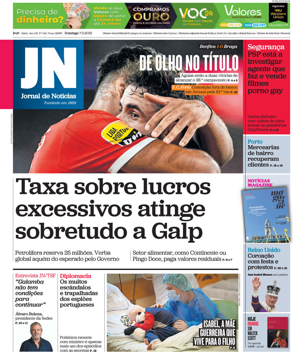 Jornal de Not&iacute;cias: Capa da Edi&ccedil;&atilde;o de domingo, 07 de maio 2023
