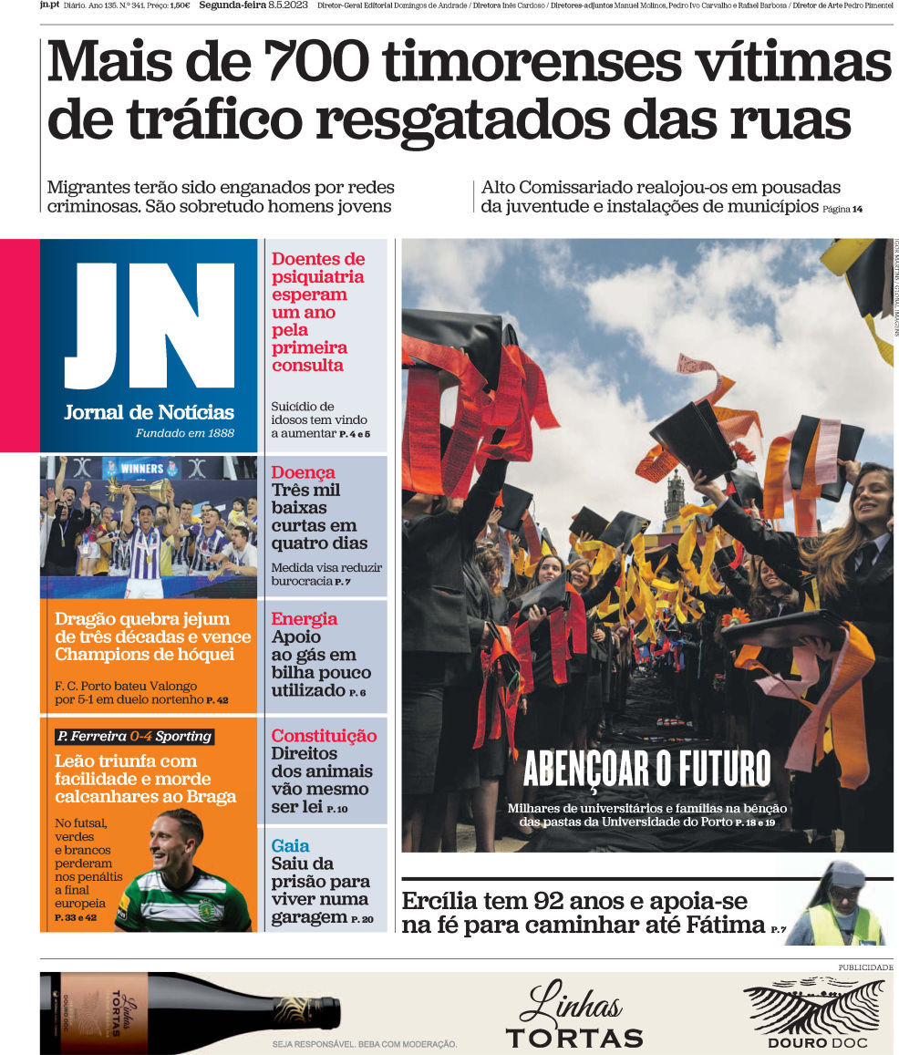 Jornal de Not&iacute;cias: Capa da Edi&ccedil;&atilde;o de segunda-feira, 08 de maio 2023