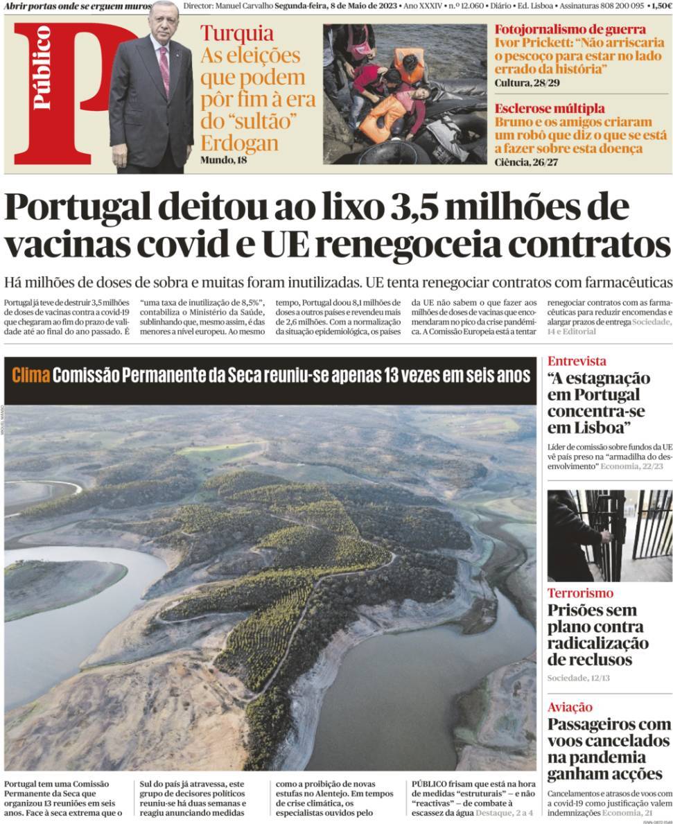 P&uacute;blico: Capa da Edi&ccedil;&atilde;o de segunda-feira, 08 de maio 2023