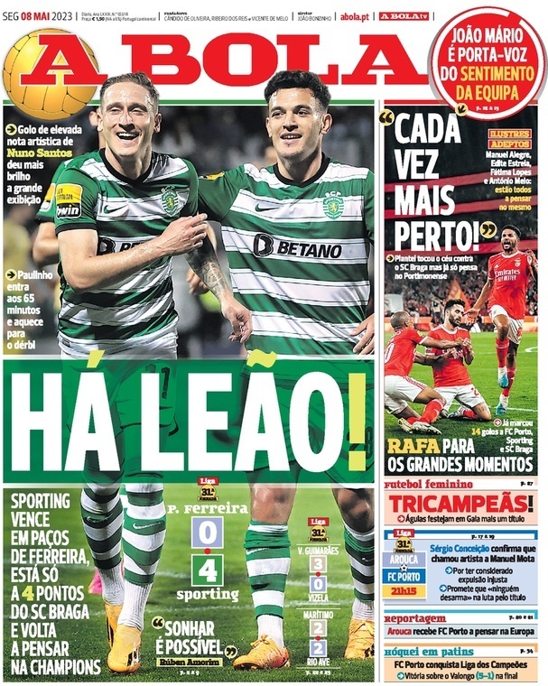 A Bola: Capa da Edi&ccedil;&atilde;o de segunda-feira, 08 de maio 2023