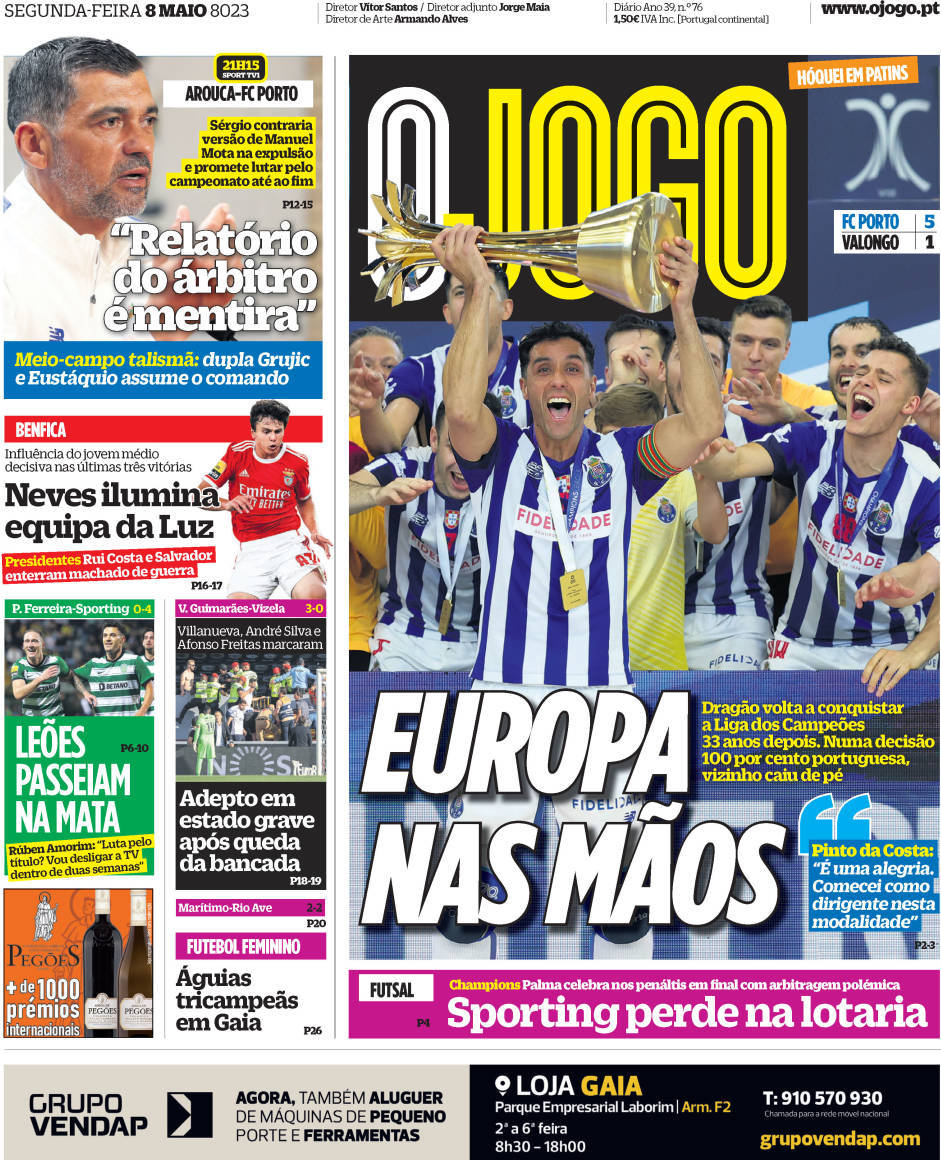 O Jogo: Capa da Edi&ccedil;&atilde;o de segunda-feira, 08 de maio 2023
