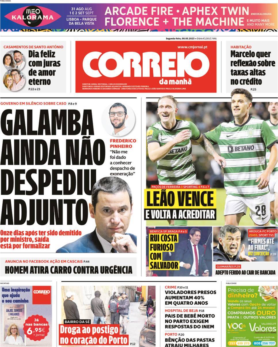 Correio da Manh&atilde;: Capa da Edi&ccedil;&atilde;o de segunda-feira, 08 de maio 2023