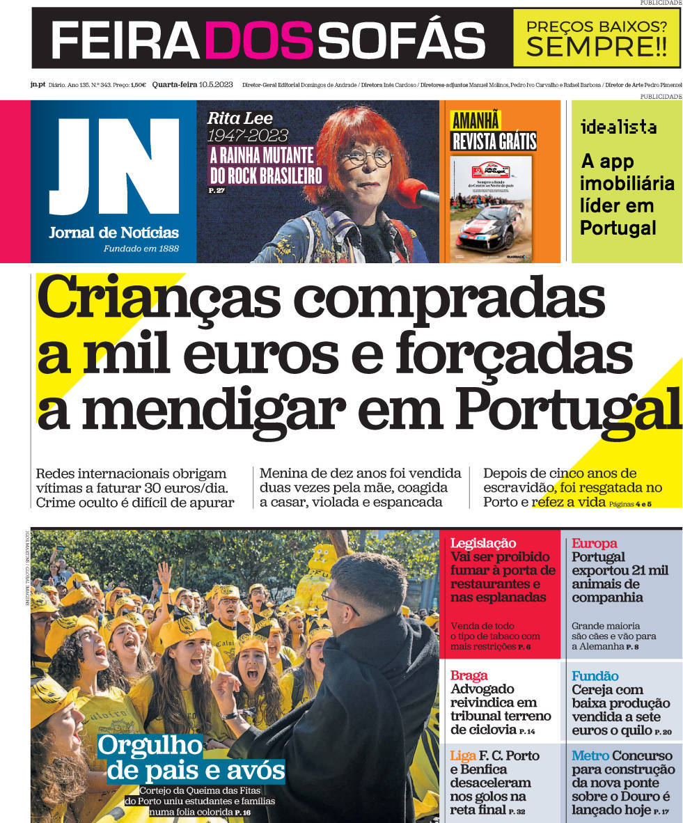 Jornal de Not&iacute;cias: Capa da Edi&ccedil;&atilde;o de quarta-feira, 10 de maio 2023