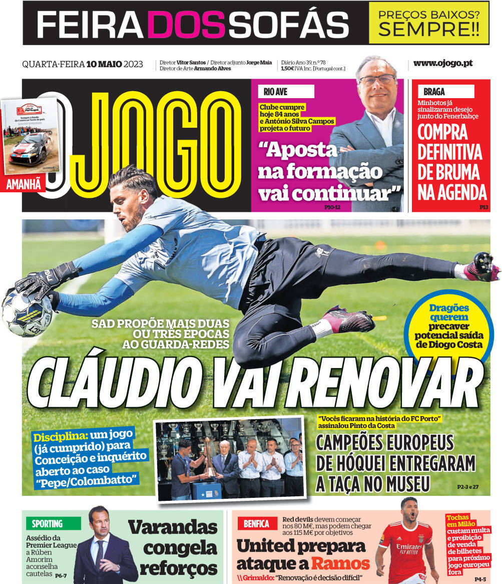 O Jogo: Capa da Edi&ccedil;&atilde;o de quarta-feira, 10 de maio 2023