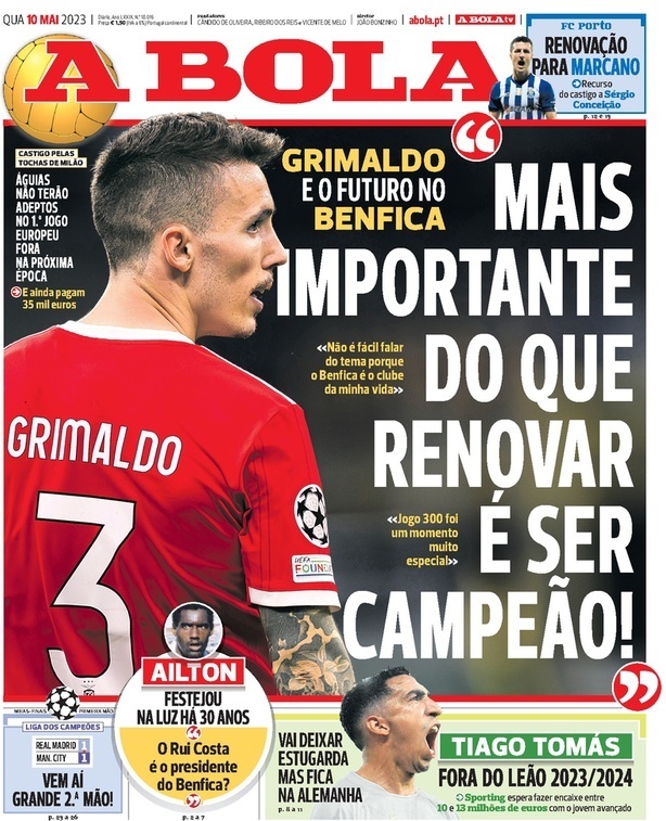 A Bola: Capa da Edi&ccedil;&atilde;o de quarta-feira, 10 de maio 2023