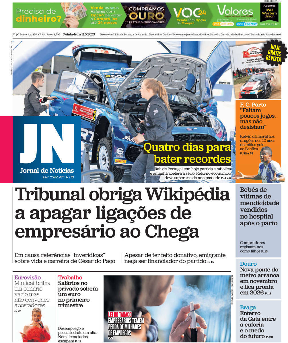 Jornal de Not&iacute;cias: Capa da Edi&ccedil;&atilde;o de quinta-feira, 11 de maio 2023